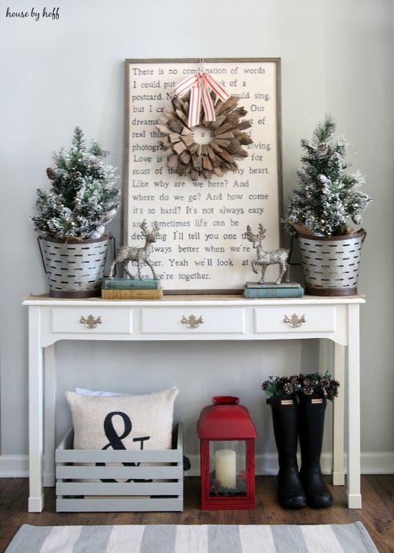 faux Christmas trees in buckets and a red lantern