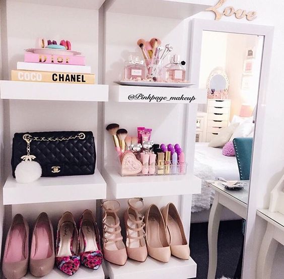 makeup and shoe storage for a girl's room