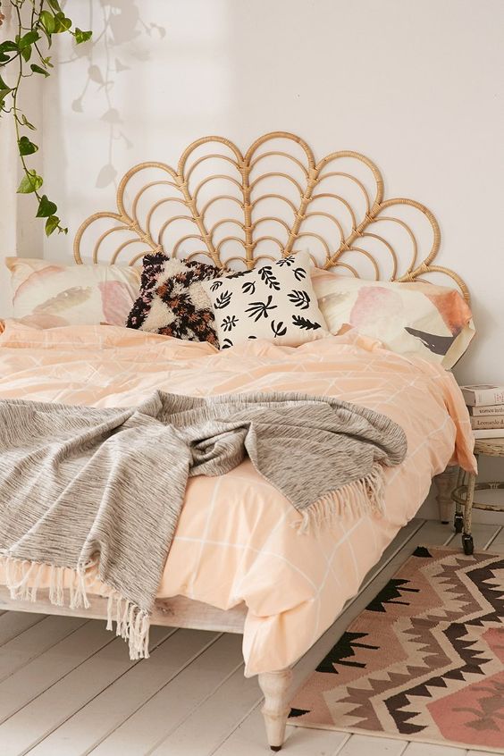 rattan headboard for a boho styled bedroom