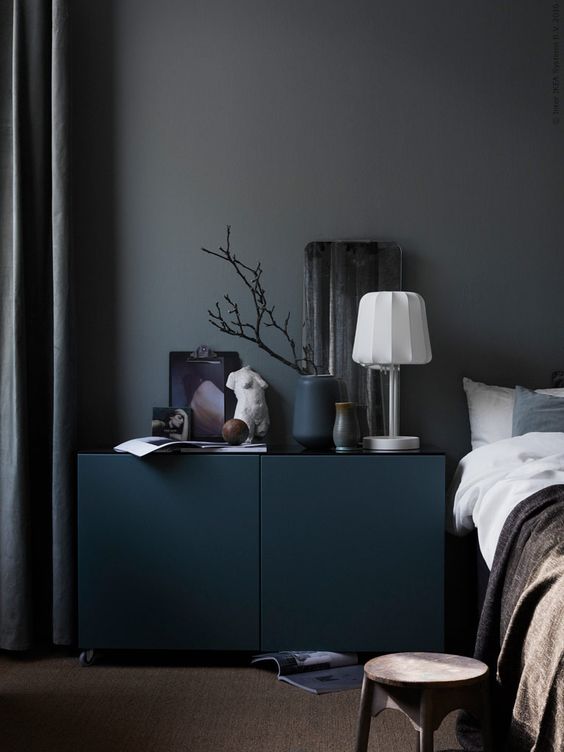 IKEA bedroom in dark colors looks very modern and chic