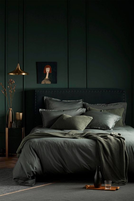 a moody green bedroom design 25+ Romantic Dark & Cozy Bedroom Ideas