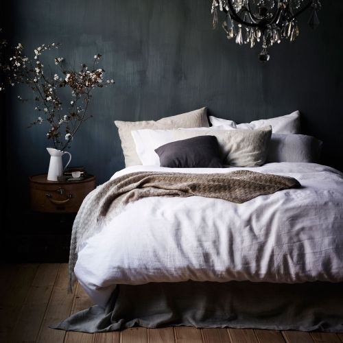 dark grey walls and nautral wood furniture looks moody yet relaxing