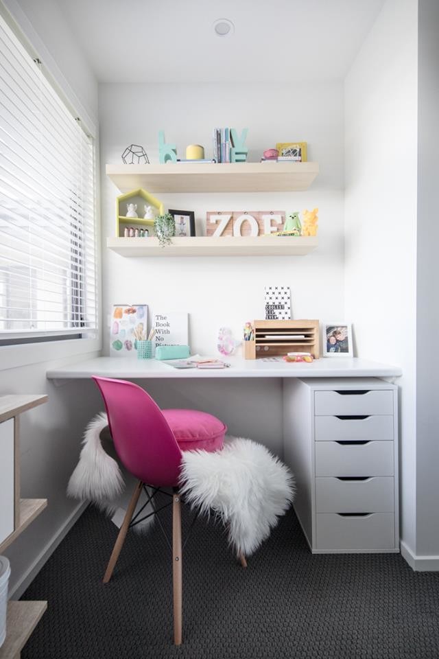 Oak Lack shelves looks great on white walls in this study corner of a teenager. (Sapphire Living Interiors)