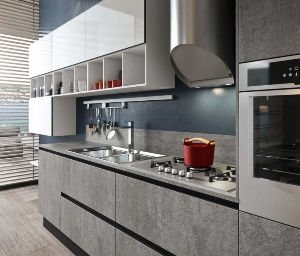 Bijou kitchen by Aran features glass, stone, laminate and porcelain as the most practical surfaces