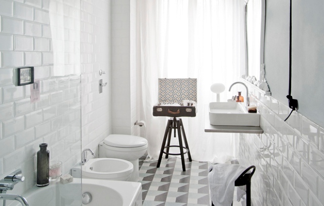 Narrow Pure White Bathroom With Vintage Details