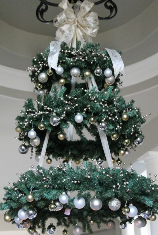 39 Chandeliers And Chandelier Decor Ideas Digsdigs A Chandelier Made Of Faux Evergreen Wreaths And Silver Gold Ornaments