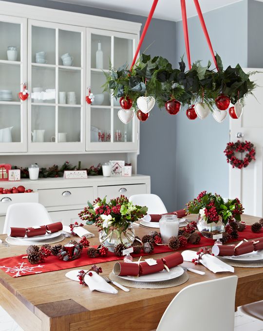 Red and White Christmas hallway decorations - The Belle Blog