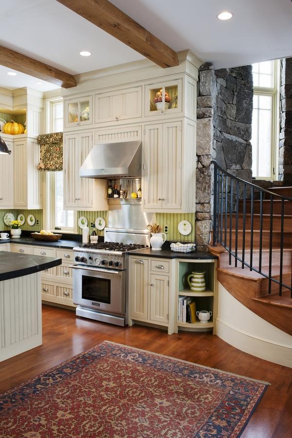 light green beadboard backsplash echoes with floral print blinds