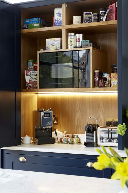 Vintage Navy Kitchen Design With Brass Hardware Digsdigs The Appliances Are Inserted Into Their Own Compartments