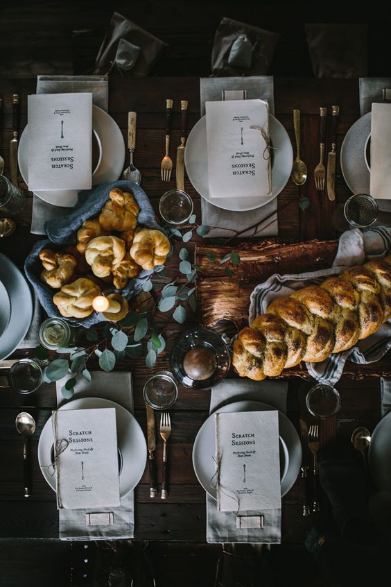 moody Christmas table setting with eucalyptus