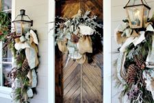06 burlap, large pinecones, ribbon, branches hangings for the door and lamps