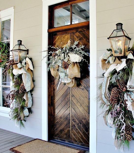 burlap, large pinecones, ribbon, branches hangings for the door and lamps