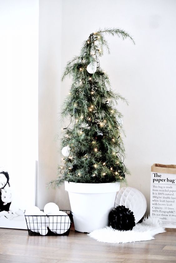 cedar Christmas tree with black and white ornaments