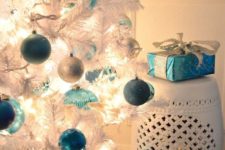07 blue, light blue, silver ornaments on a white Christmas tree