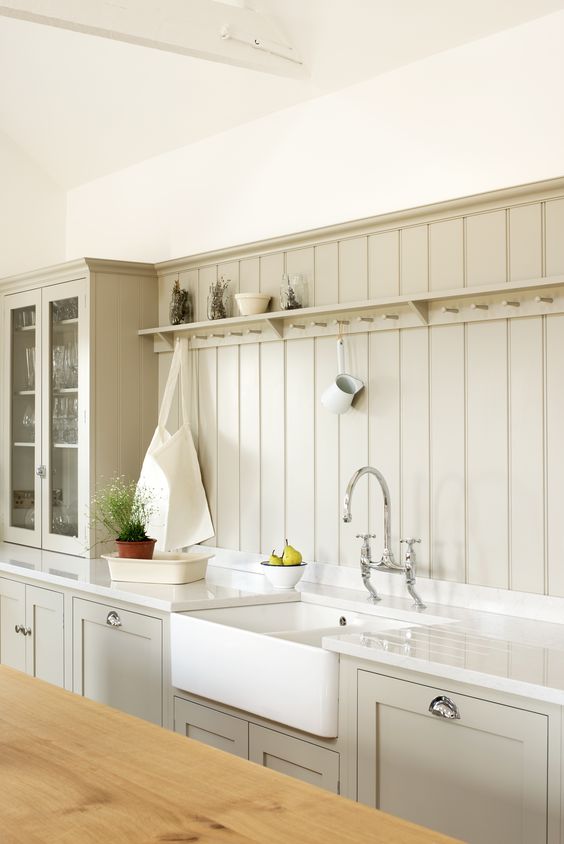 light grey wide beadboard kitchen backsplash