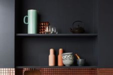 08 matte black kitchen with a tiny copper tile backsplash looks minimalist and very chic