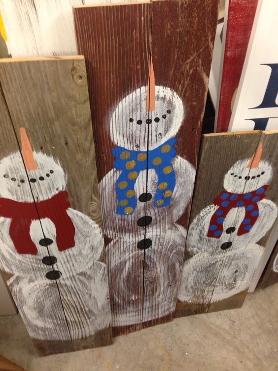 handpainted snowmen on reclaimed wood boards