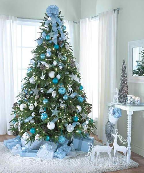 light blue and white Christmas tree decor