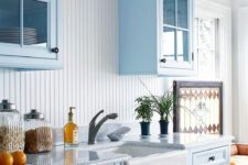 14 narrow white beadboard looks very delicate with light blue cabinets