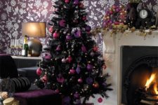 dark tree with purple pink and fuchsia ornaments for different decor