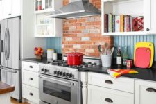 15 red brick, blue beadboard backsplash and white cabinets look cheerful and eye-catching together