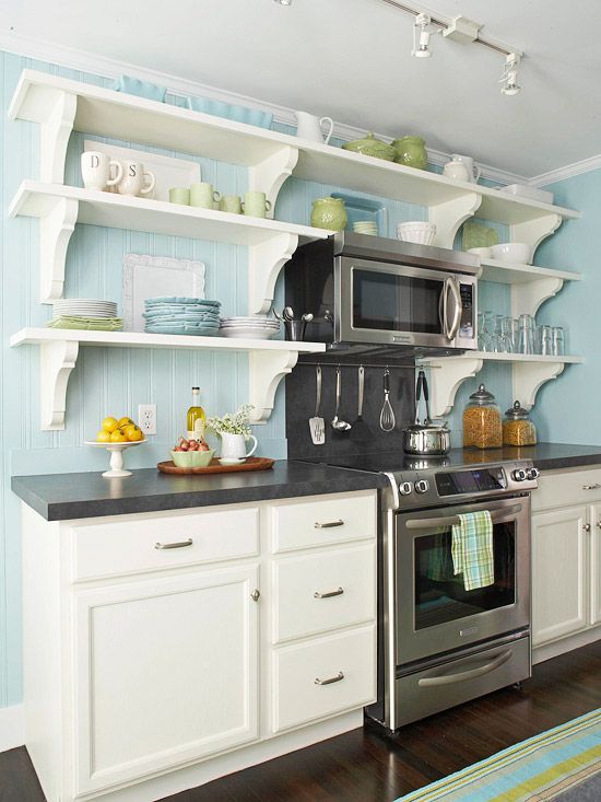 wide light blue beadboard backsplash and wall cover to make white shelves stand out