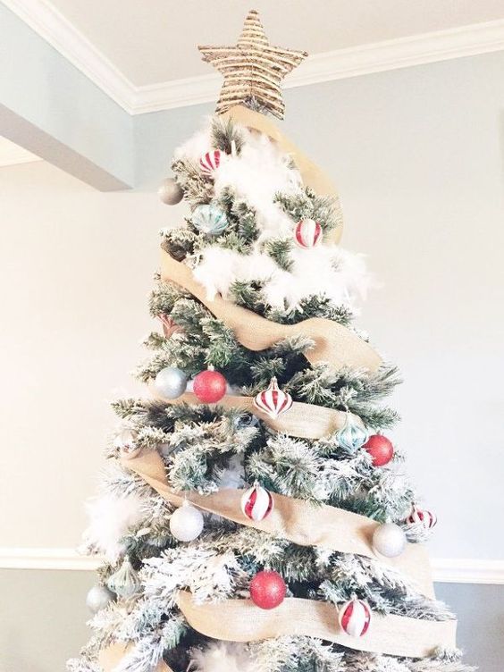 burlap deco mesh and red and white ornaments for decorating a flocked tree in a rustic way