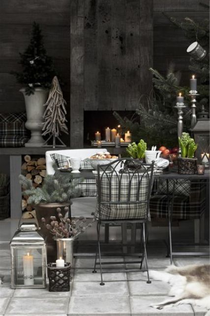 driftwood tree, shades of gray, candles in the fireplace for cozy dark decor