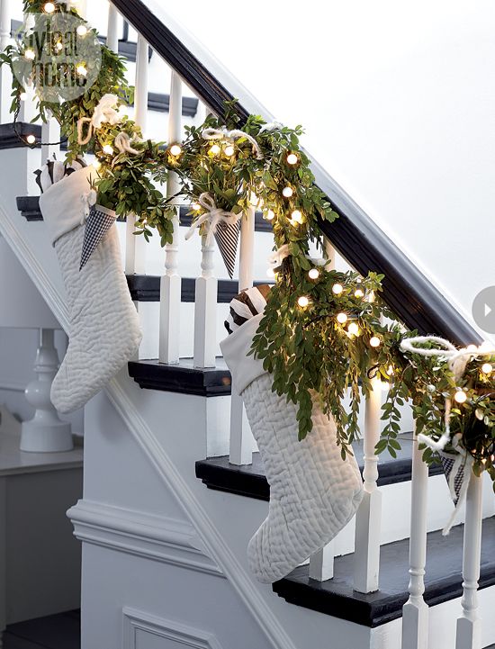 foliage cone garland, white stockings, lights