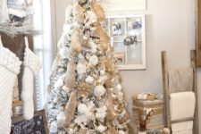 20 neutral and rustic flocked Christmas tree decor with burlap mesh