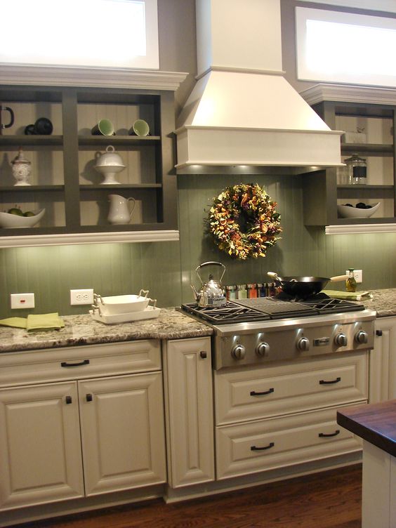 olive green beadboard backsplash looks cool with granite countertops