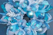 23 white and blue deco mesh ribbon wreath with ornaments