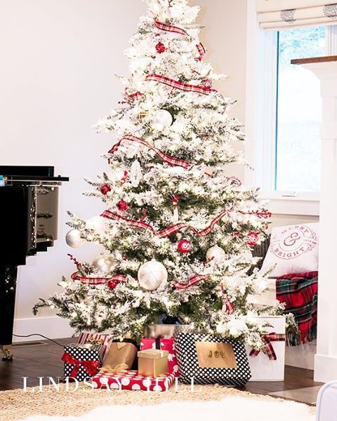 plaid ribbon and red and white ornaments for a more traditional look