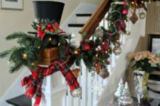 25 lush Christmas garland with ornaments, lights and plaid fabric