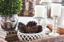 26 neutral coffee table decor with pinecones, greenery and candles