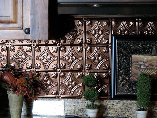 stylish copper backsplash from pressed tin