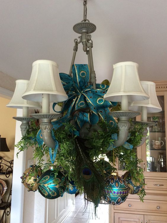 foliage, peacock feathers, turquoise and gold decorations