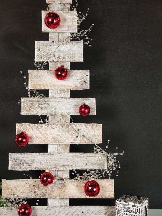 whitewashed christmas tree with contrasting red ornaments