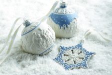 31 blue and white Christmas ornaments