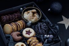 32 Linzer cookies and elegant black ornaments will be a perfecct gift