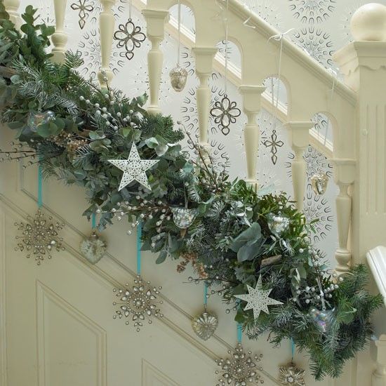 lush evergreen garland and silver ornaments