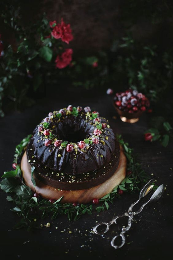 chocolate bundt cake with candied berries