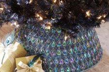 a colorful peacock beaded Christmas tree collar will fit most colorful tree decor ideas or spruce up a neutral tree