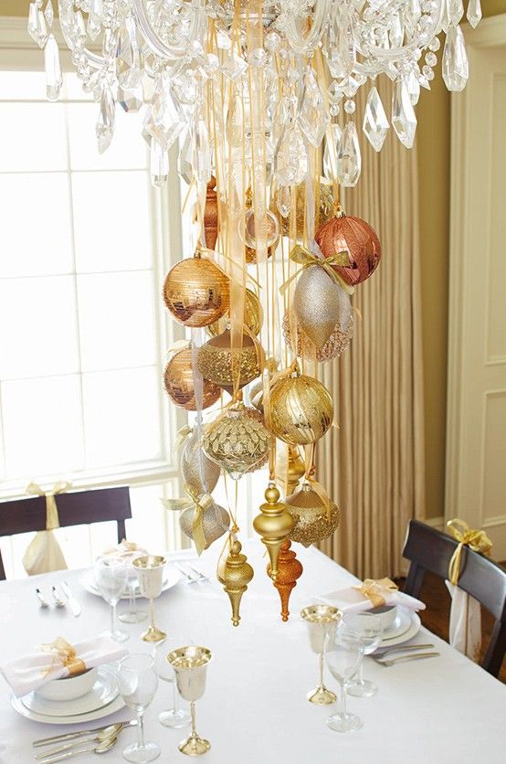 a glam crystal chandelier decorated with gold, silver and red glitter ornaments is a chic and cool idea for Christmas