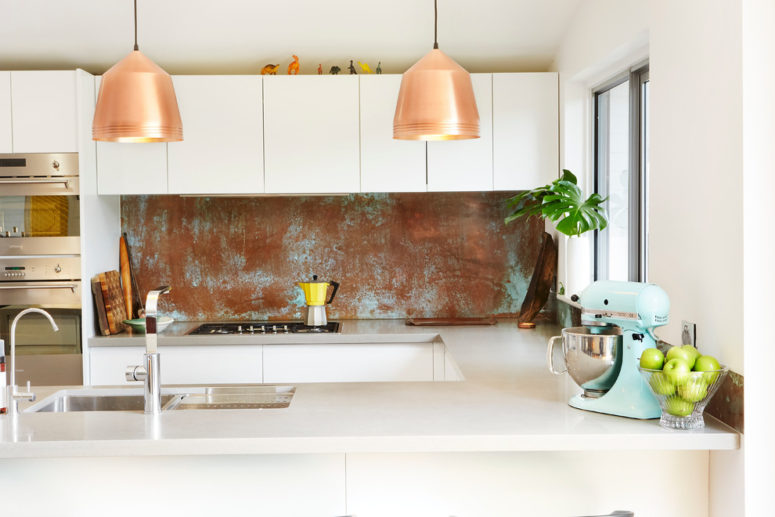 white and copper kitchen tiles