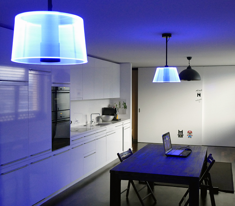 Blue 3D lampshade in the kitchen, with an ambiance light