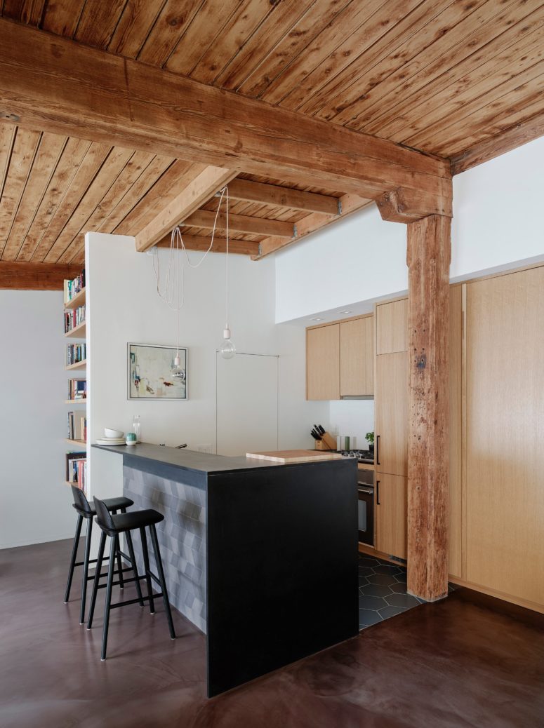 kitchen with wooden beams The original wooden beams and ceilings were sanded to show them off and to become a perfect canvas