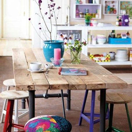 indoor picnic table with industrial pipe legs and a warm wood tabletop