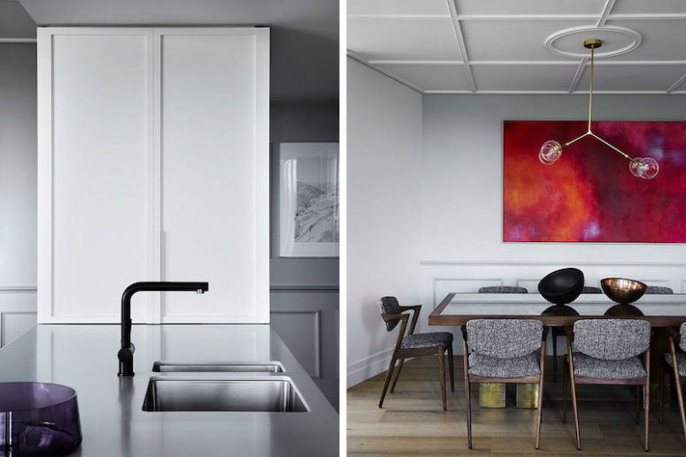 Abstract artwork is displayed in strategic spots, the idea being to introduce certain colors into the decor Abstract artwork is displayed in strategic spots, the idea being to introduce certain colors into the decor