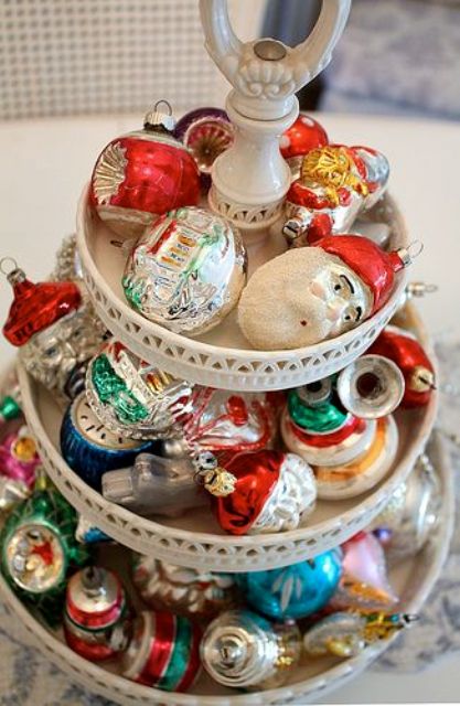 vintage Christmas ornaments on a cupcake stand
